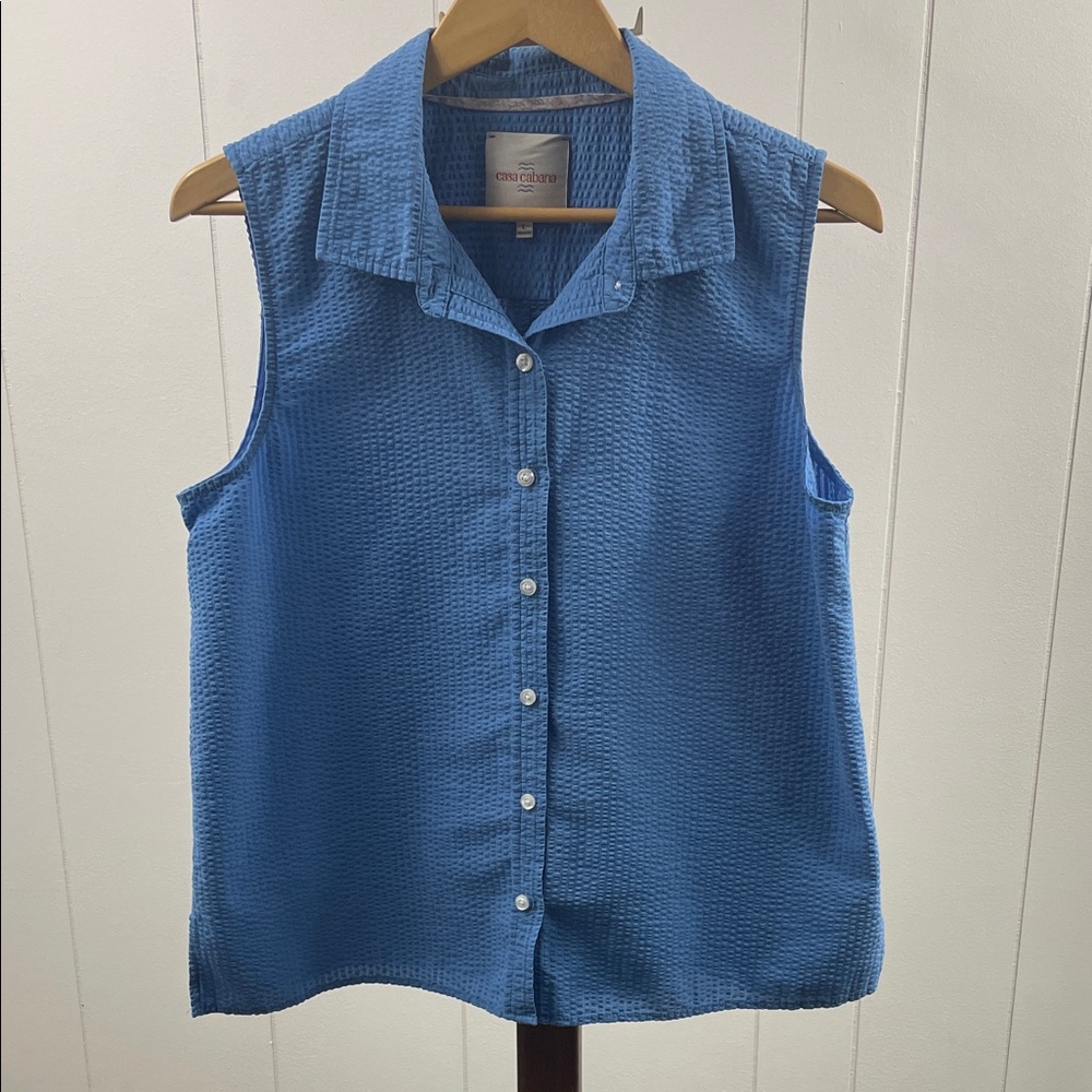Casa Cabana Blue Textured Button Up Sleeveless Shirt